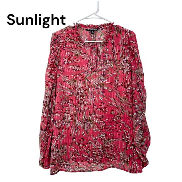 Zac & Rachel Womans Pink Abstract Print Top Blouse 1X Ruched Ballon Sleeve - Picture 1 of 12